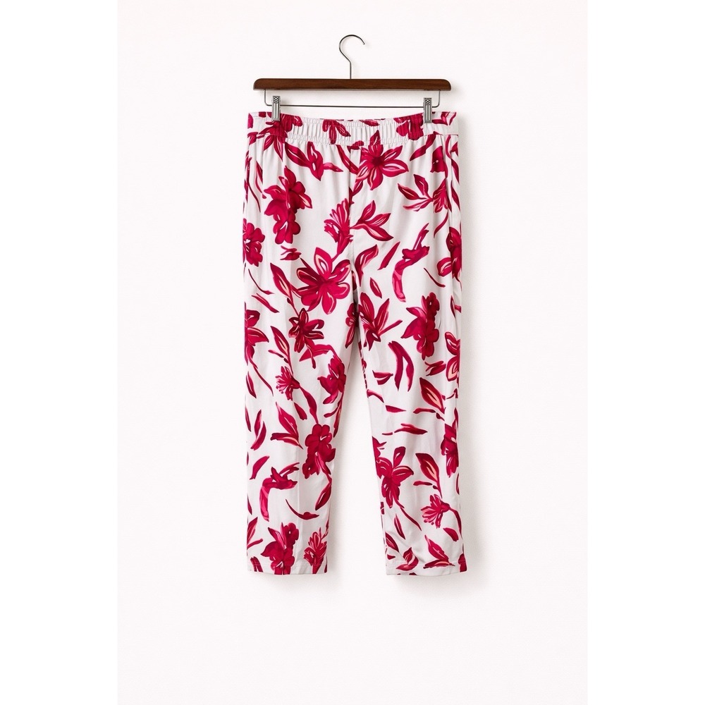 Susan Graver Liquid Knit Crop Pants Tropical White Red Floral Pockets Pull On XL - Picture 2 of 11